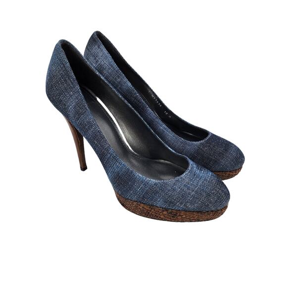 Stuart Weitzman Blue Denim Jean Platform Rattan 4 Inch Heels Size 10 - Picture 1 of 6
